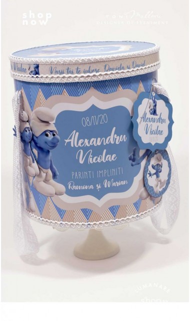 Trusou botez cu strumfii si broderie personalizata in nuante de crem si albastru Bebe Strumf 5